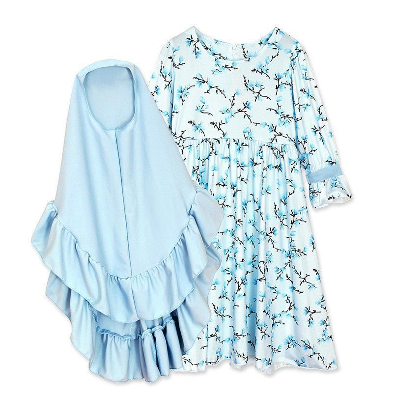 Muslimah Girls Blue Floral Dress & Khimar Set (MKG027) La Vie Bien Muslimah Girls Blue Floral Dress & Khimar Set (MKG027)