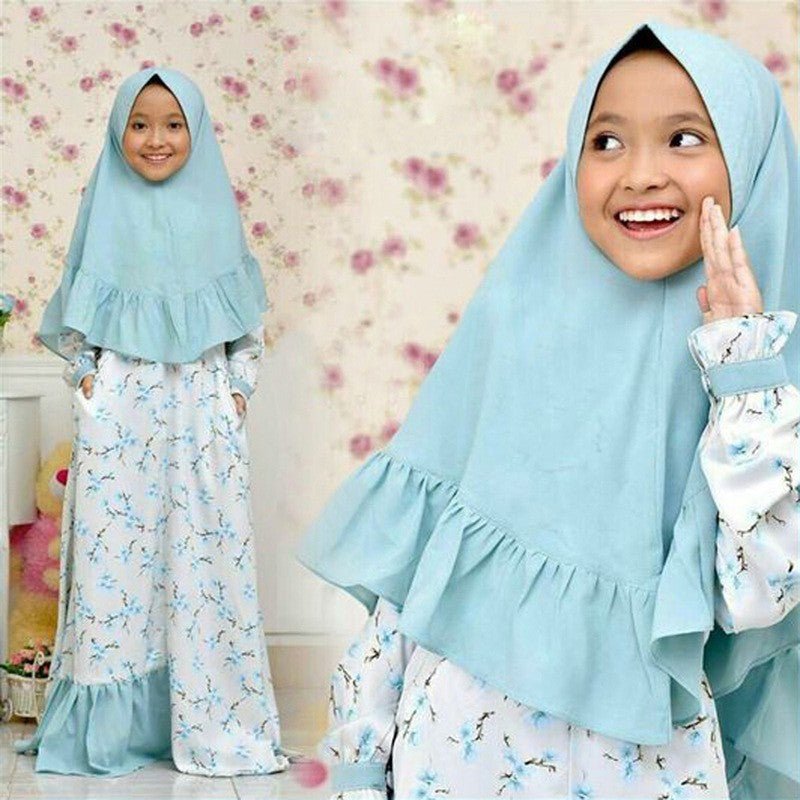 Muslimah Girls Blue Floral Dress & Khimar Set (MKG027) La Vie Bien Muslimah Girls Blue Floral Dress & Khimar Set (MKG027)