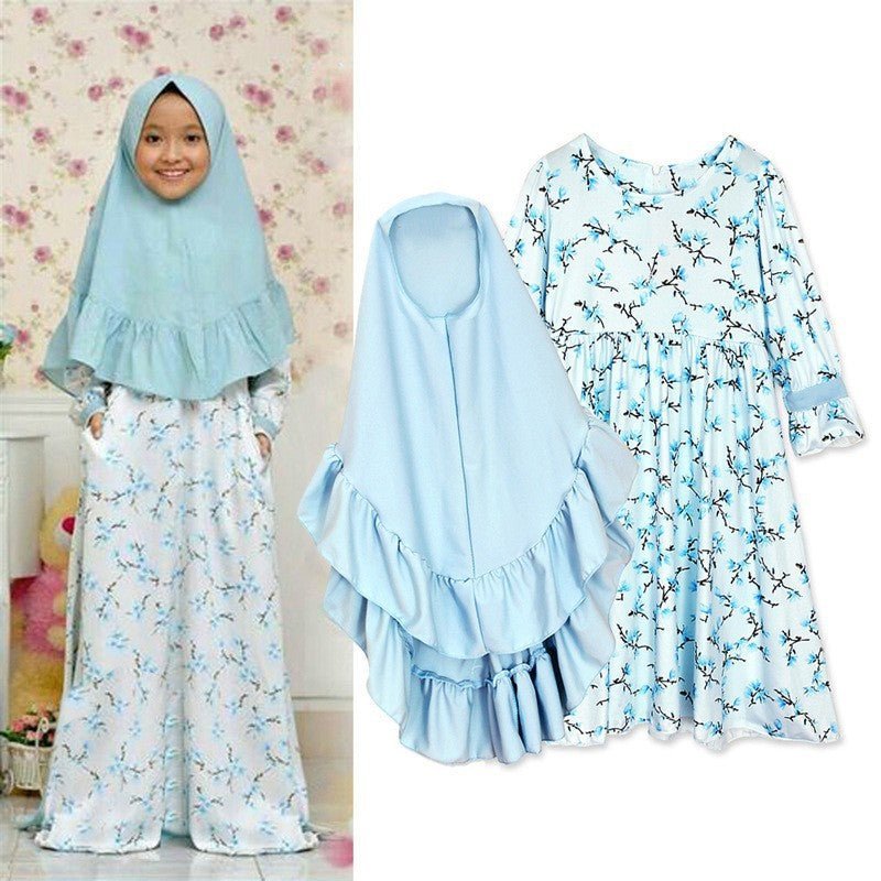 Muslimah Girls Blue Floral Dress & Khimar Set (MKG027) La Vie Bien Muslimah Girls Blue Floral Dress & Khimar Set (MKG027)
