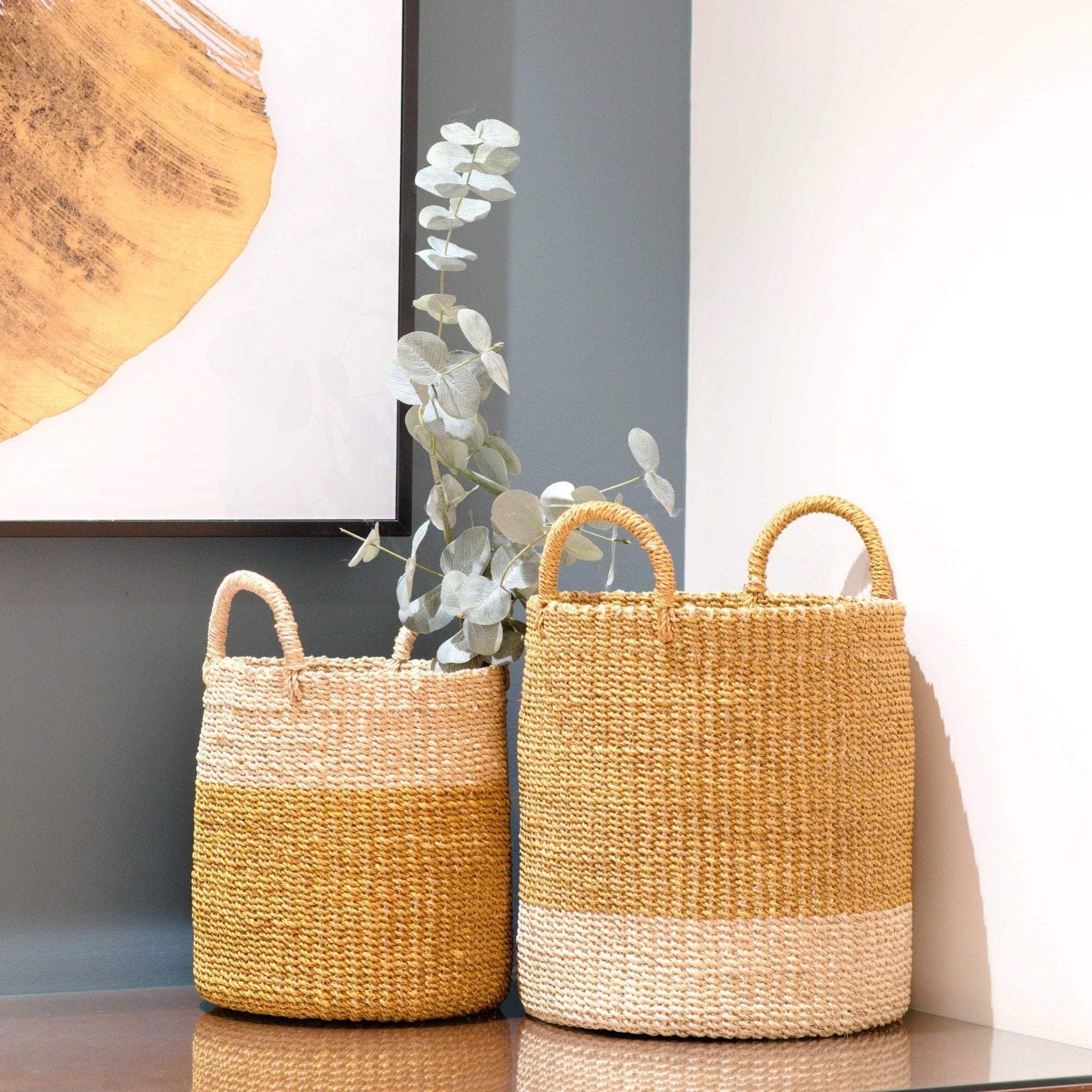 Mustard Baskets with Handle, set of 2 - Cylinder Baskets | LIKHÂ by LIKHÂ
