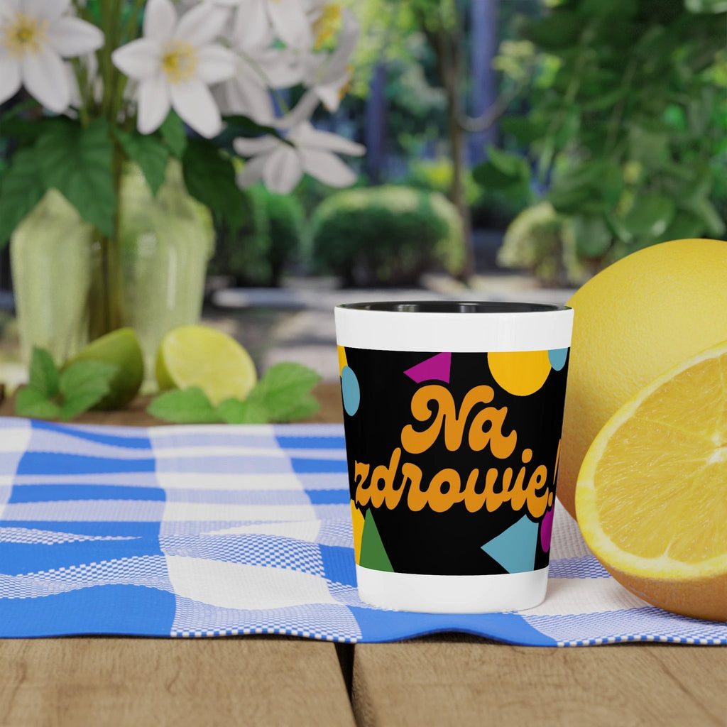 Na zdrowie Shot Glass, Cheers Polish Phrase, Retro Colorful Confetti Design by Printify