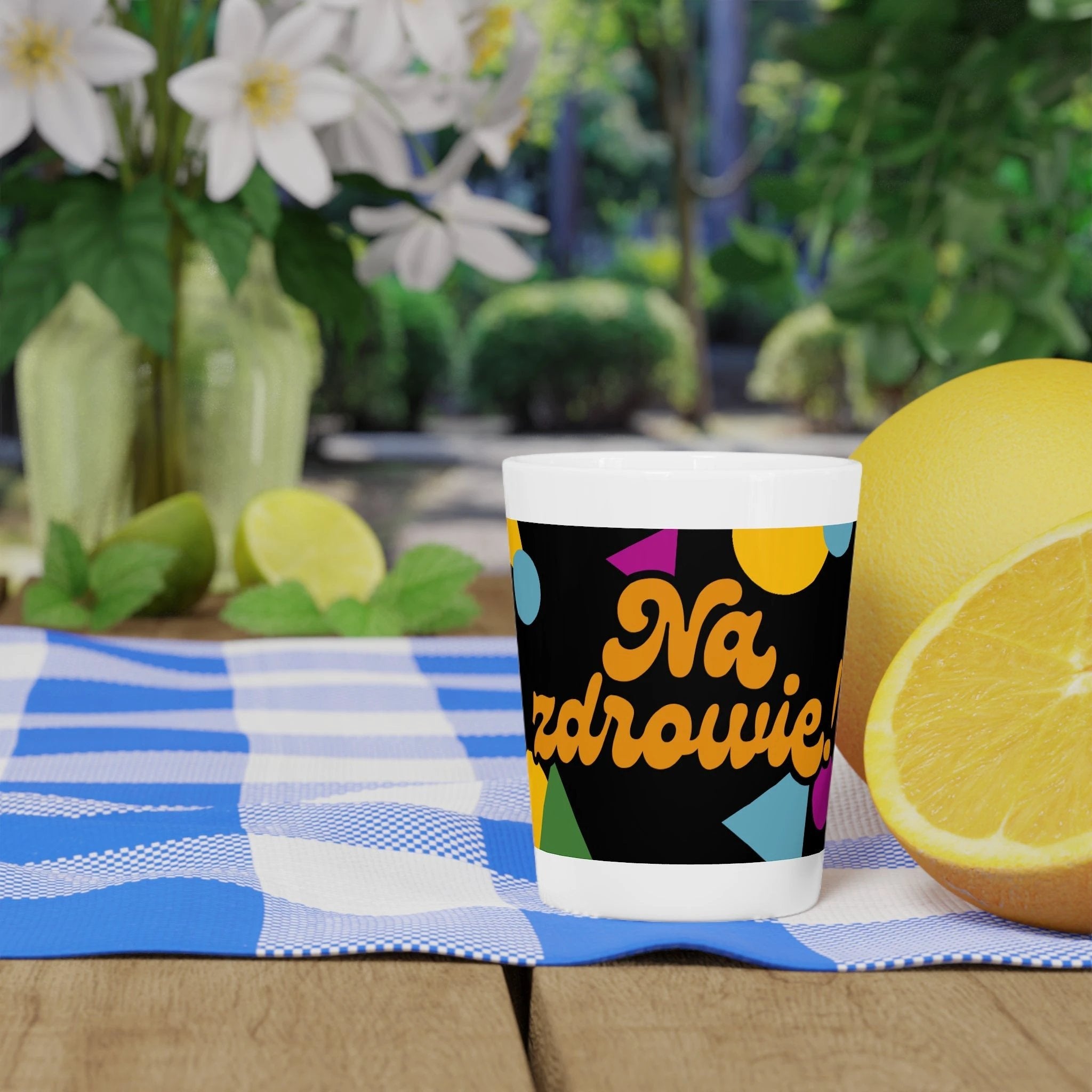 Na zdrowie Shot Glass, Cheers Polish Phrase, Retro Colorful Confetti Design by Printify