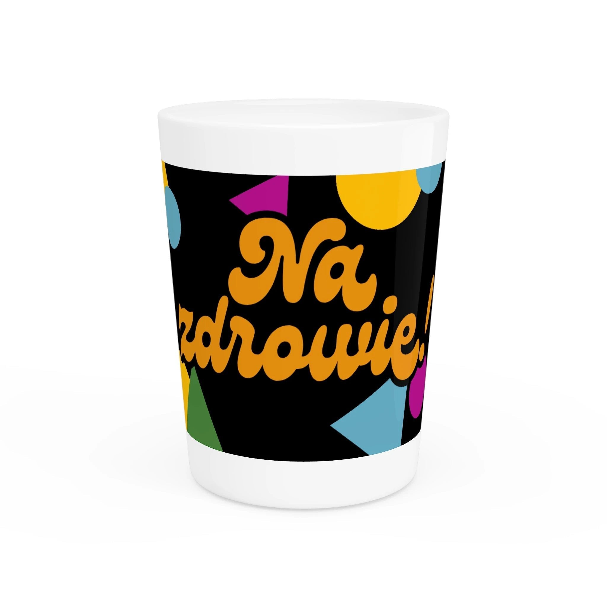 Na zdrowie Shot Glass, Cheers Polish Phrase, Retro Colorful Confetti Design by Printify