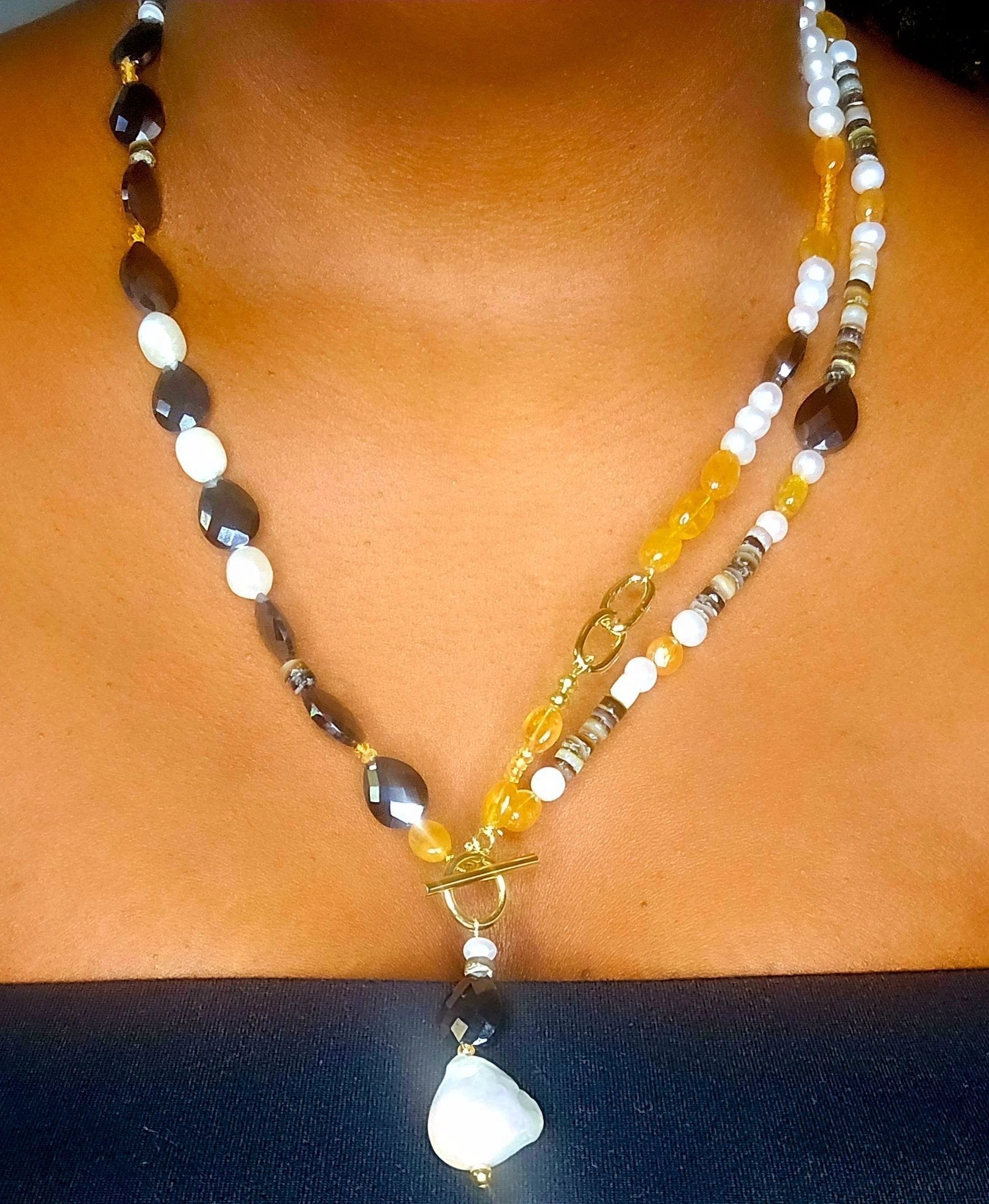 Natural Black Mossanite and Orange Sapphire Necklace