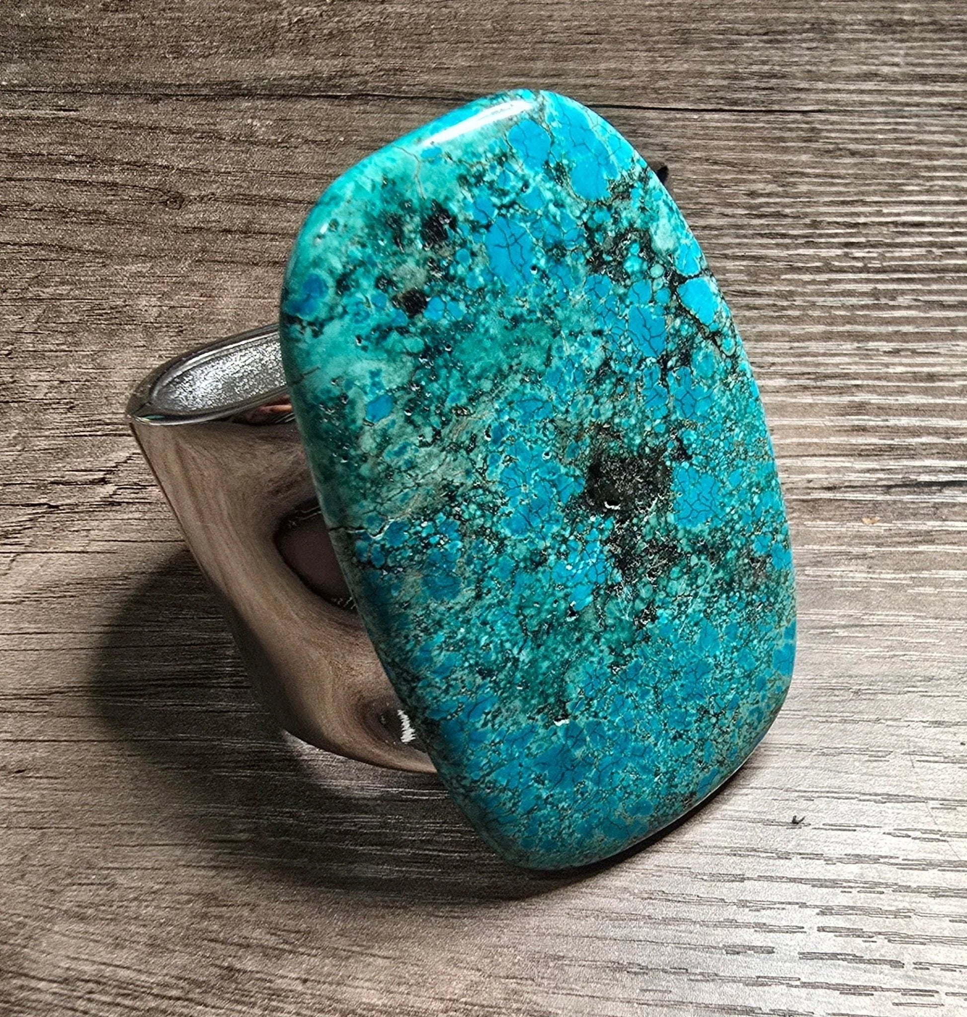 Natural Large Blue Turquoise and Silver Bangle by L.Signature Collection by L.Styles