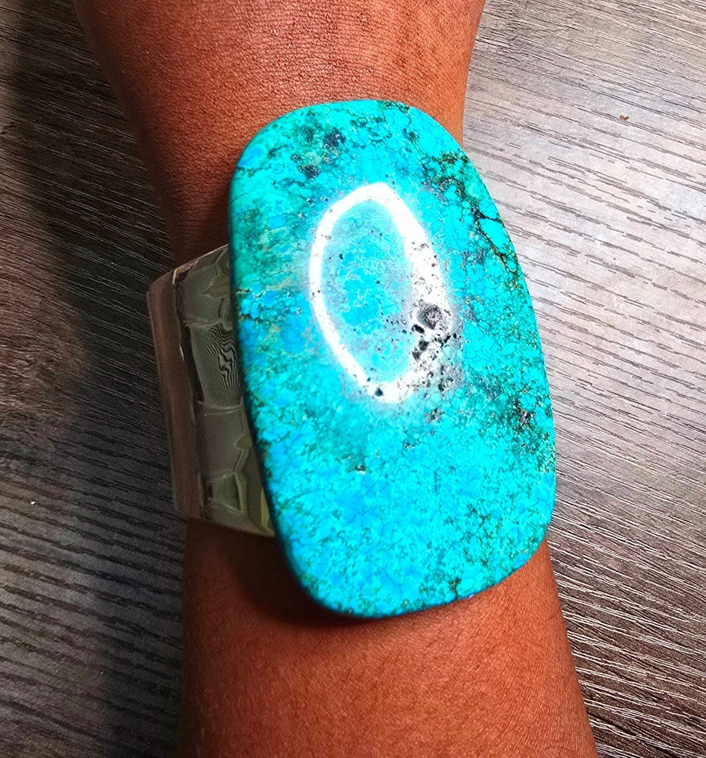 Natural Large Blue Turquoise and Silver Bangle by L.Signature Collection by L.Styles
