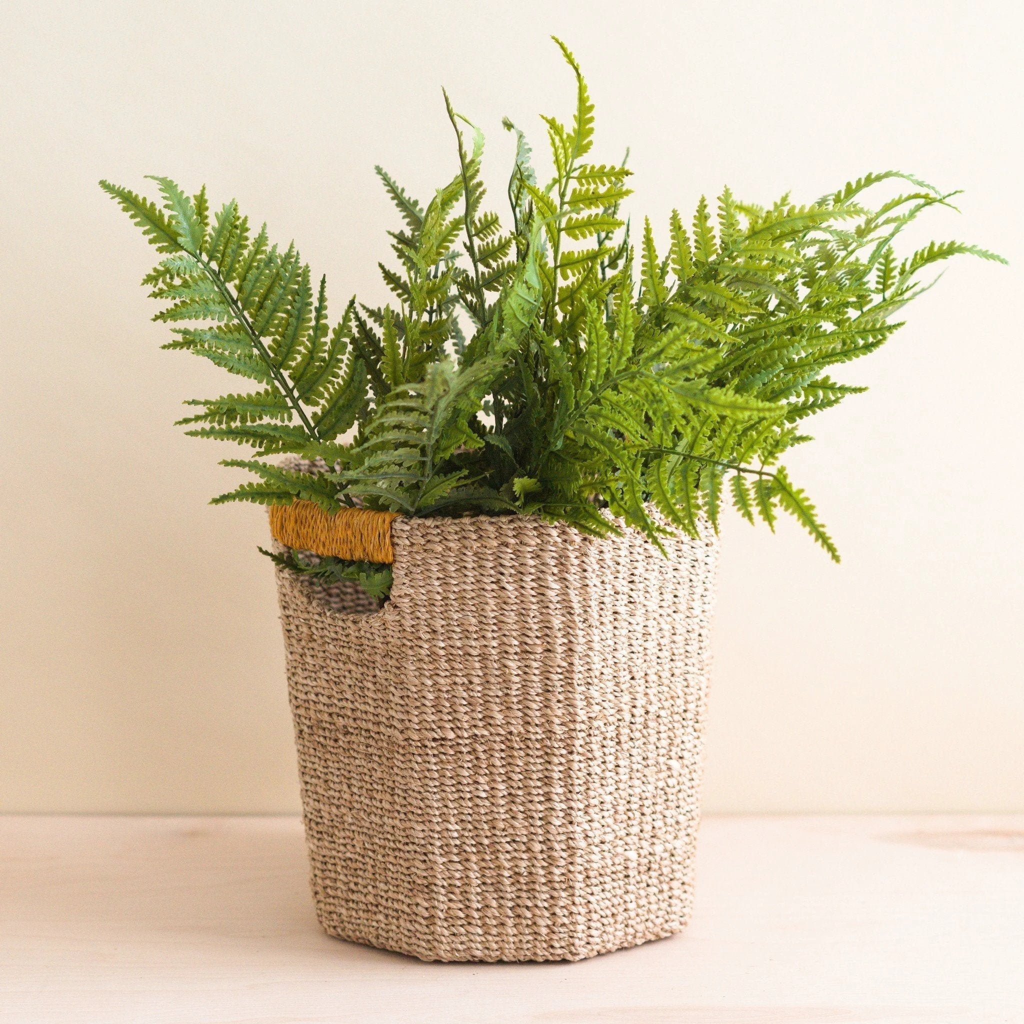 Natural Octagon Basket with Mustard Handle - Handwoven Bin | LIKHÂ by LIKHÂ