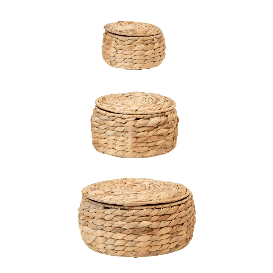 Natural Water Hyacinth Storage Baskets with Lids, Set of 3 by White Cliff Studio