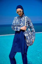 Navy Blue Full Coverage Modest Swimwear Set for Women R2504 Covered Burkini Swimwear La Vie Bien Navy Blue Full Coverage Modest Swimwear Set for Women R2504