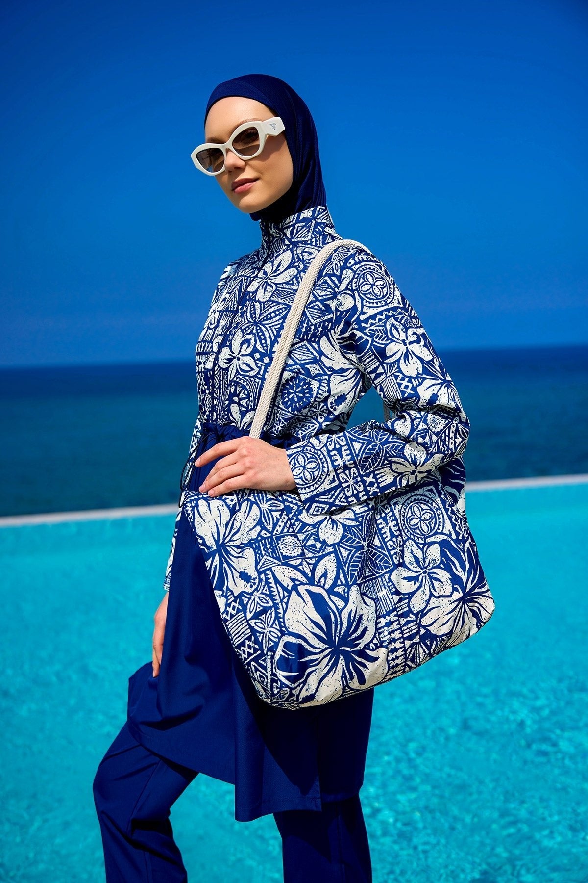 Navy Blue Full Coverage Modest Swimwear Set for Women R2504 Covered Burkini Swimwear La Vie Bien Navy Blue Full Coverage Modest Swimwear Set for Women R2504
