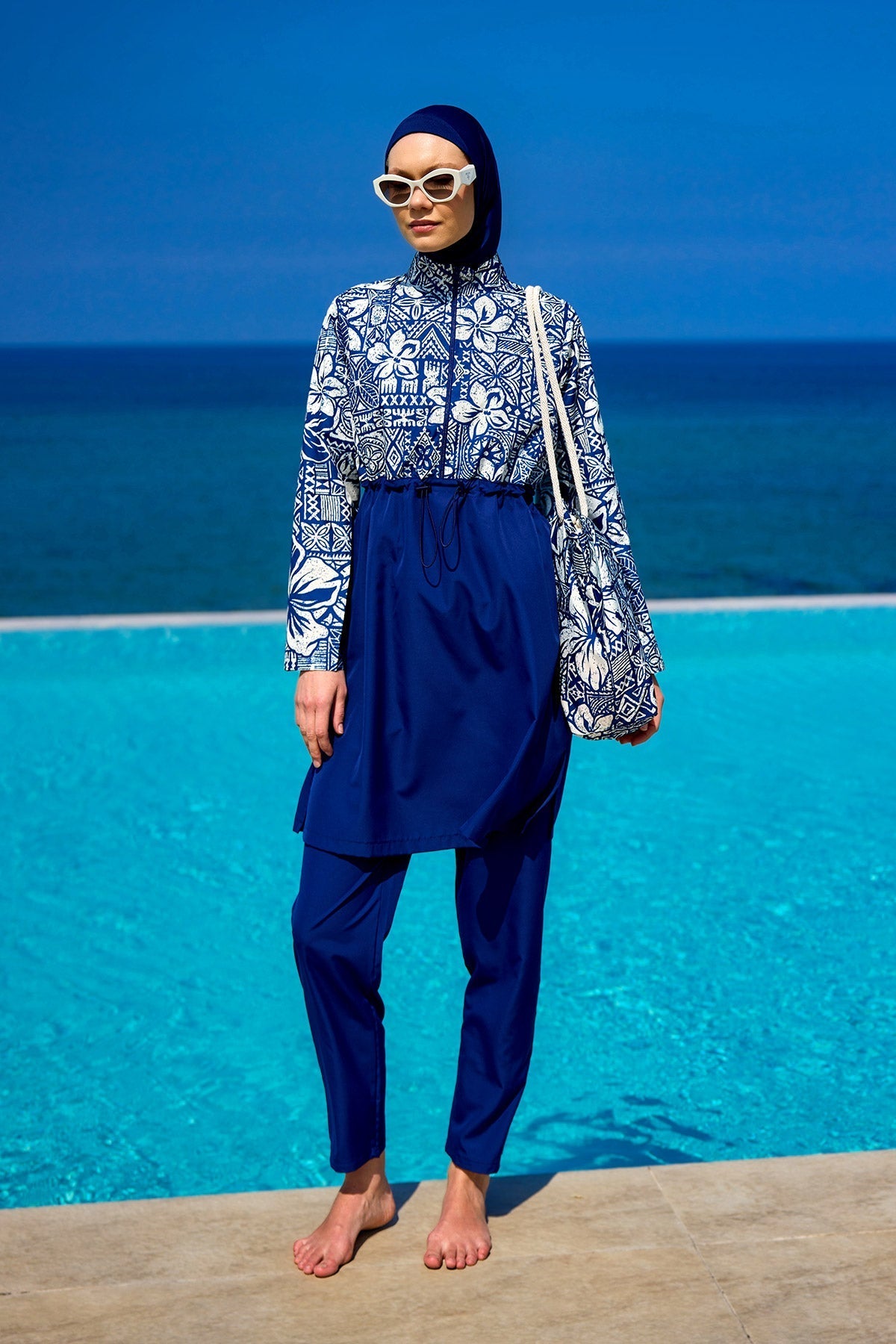 Navy Blue Full Coverage Modest Swimwear Set for Women R2504 Covered Burkini Swimwear La Vie Bien Navy Blue Full Coverage Modest Swimwear Set for Women R2504