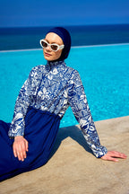 Navy Blue Full Coverage Modest Swimwear Set for Women R2504 Covered Burkini Swimwear La Vie Bien Navy Blue Full Coverage Modest Swimwear Set for Women R2504