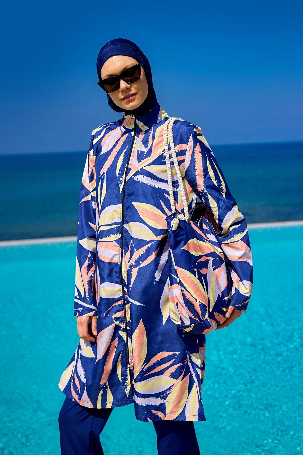 Navy Blue Full Coverage Modest Swimwear Set for Women R2508 Covered Burkini Swimwear La Vie Bien Navy Blue Full Coverage Modest Swimwear Set for Women R2508