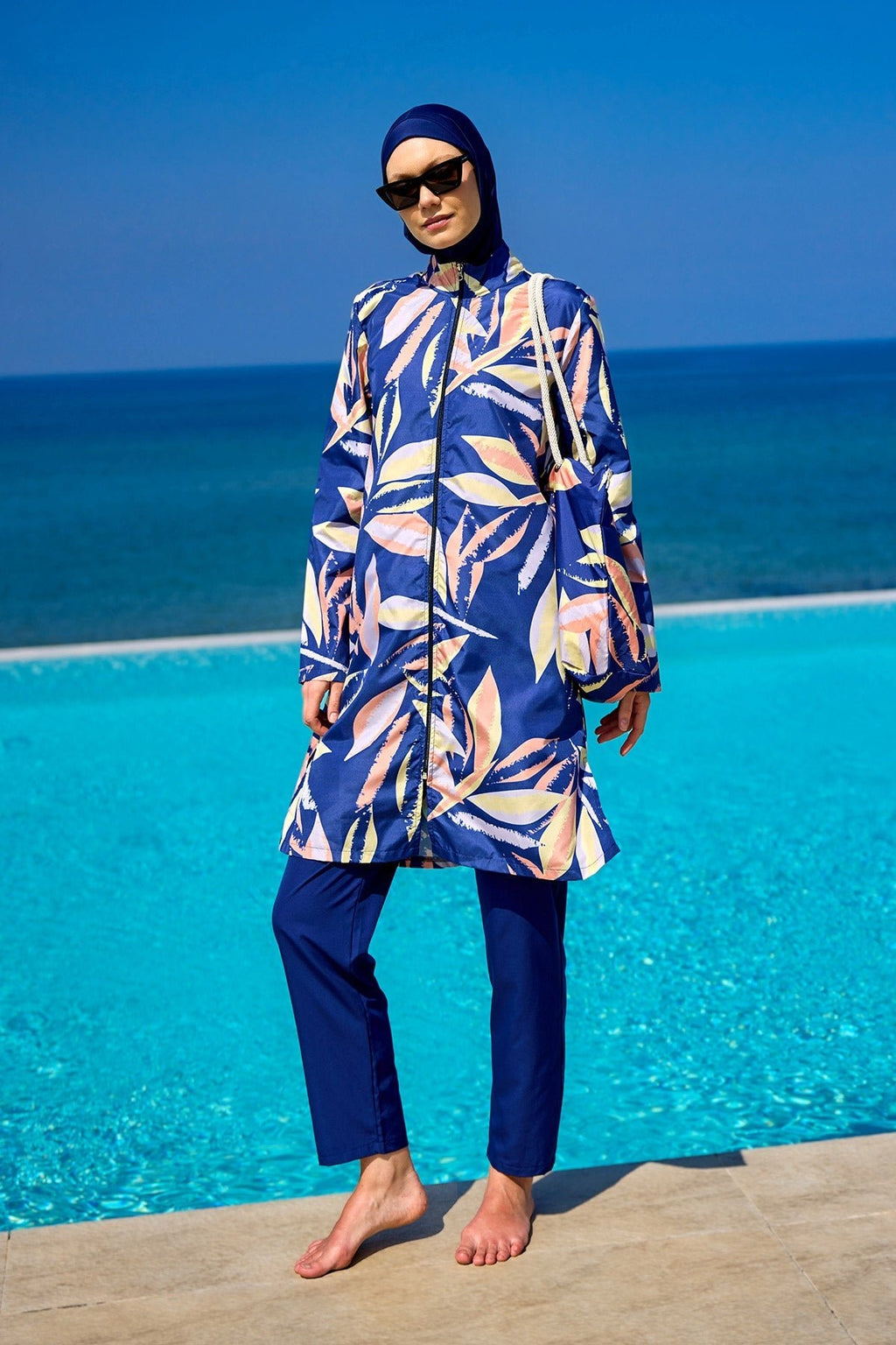 Navy Blue Full Coverage Modest Swimwear Set for Women R2508 Covered Burkini Swimwear La Vie Bien Navy Blue Full Coverage Modest Swimwear Set for Women R2508