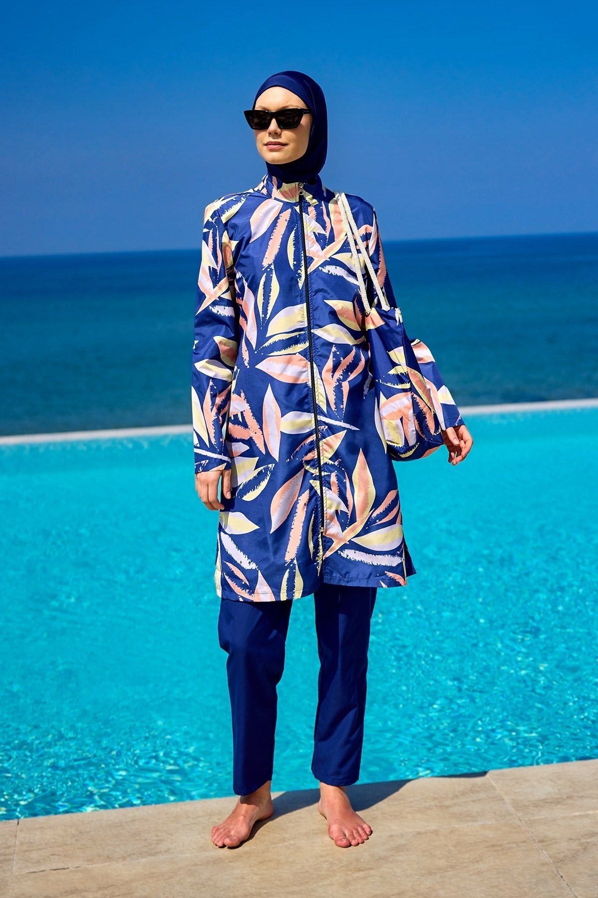 Navy Blue Full Coverage Modest Swimwear Set for Women R2508 Covered Burkini Swimwear La Vie Bien Navy Blue Full Coverage Modest Swimwear Set for Women R2508