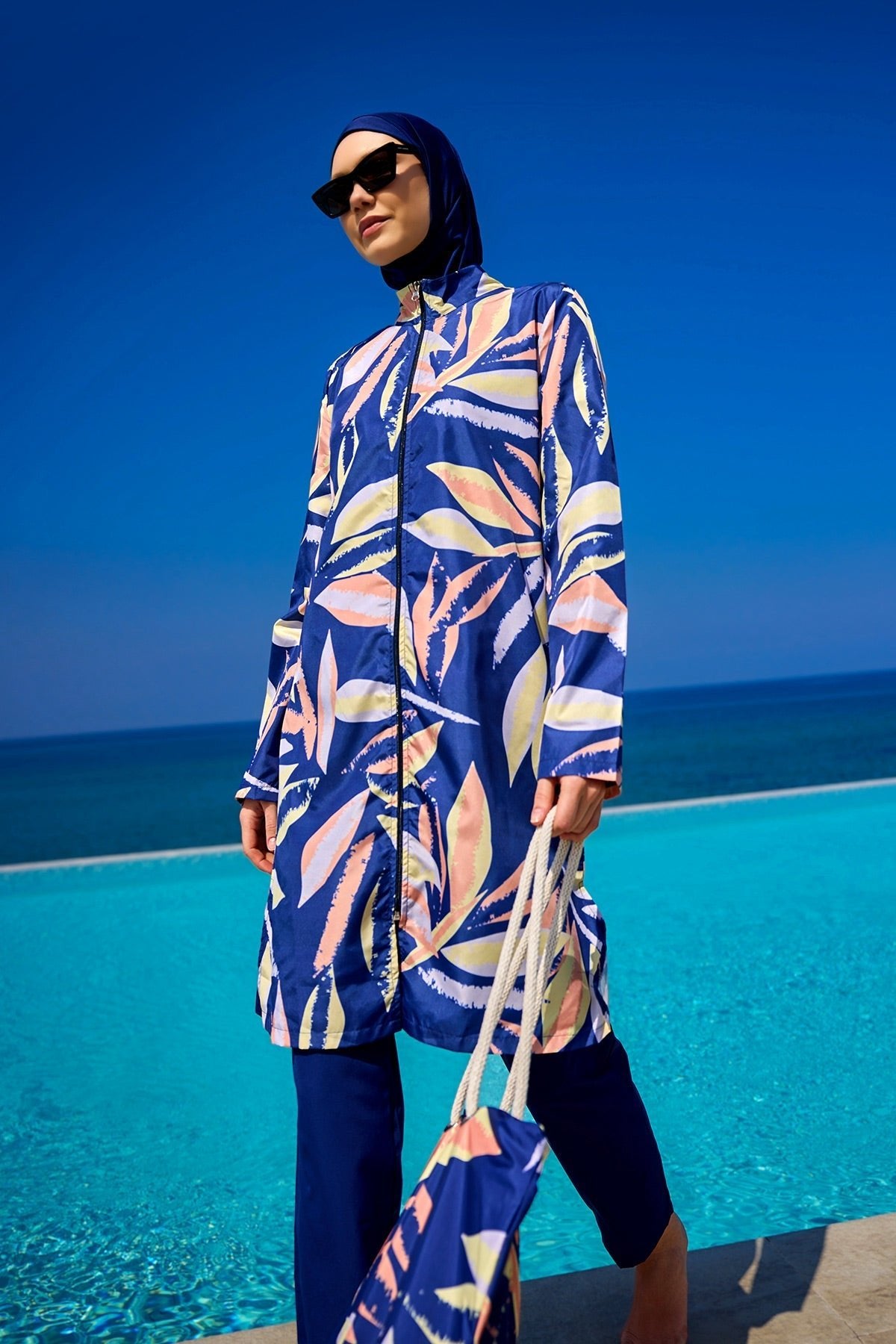 Navy Blue Full Coverage Modest Swimwear Set for Women R2508 Covered Burkini Swimwear La Vie Bien Navy Blue Full Coverage Modest Swimwear Set for Women R2508