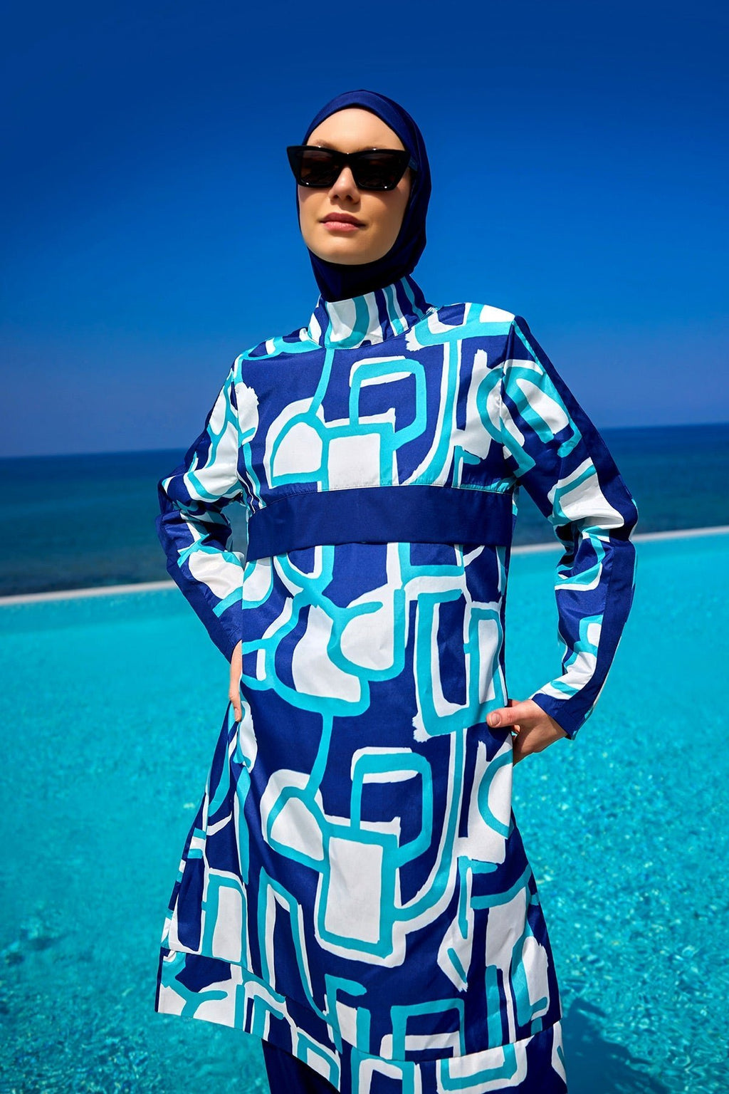 Navy Blue Full Coverage Modest Swimwear Set for Women R2513 Covered Burkini Swimwear La Vie Bien Navy Blue Full Coverage Modest Swimwear Set for Women R2513