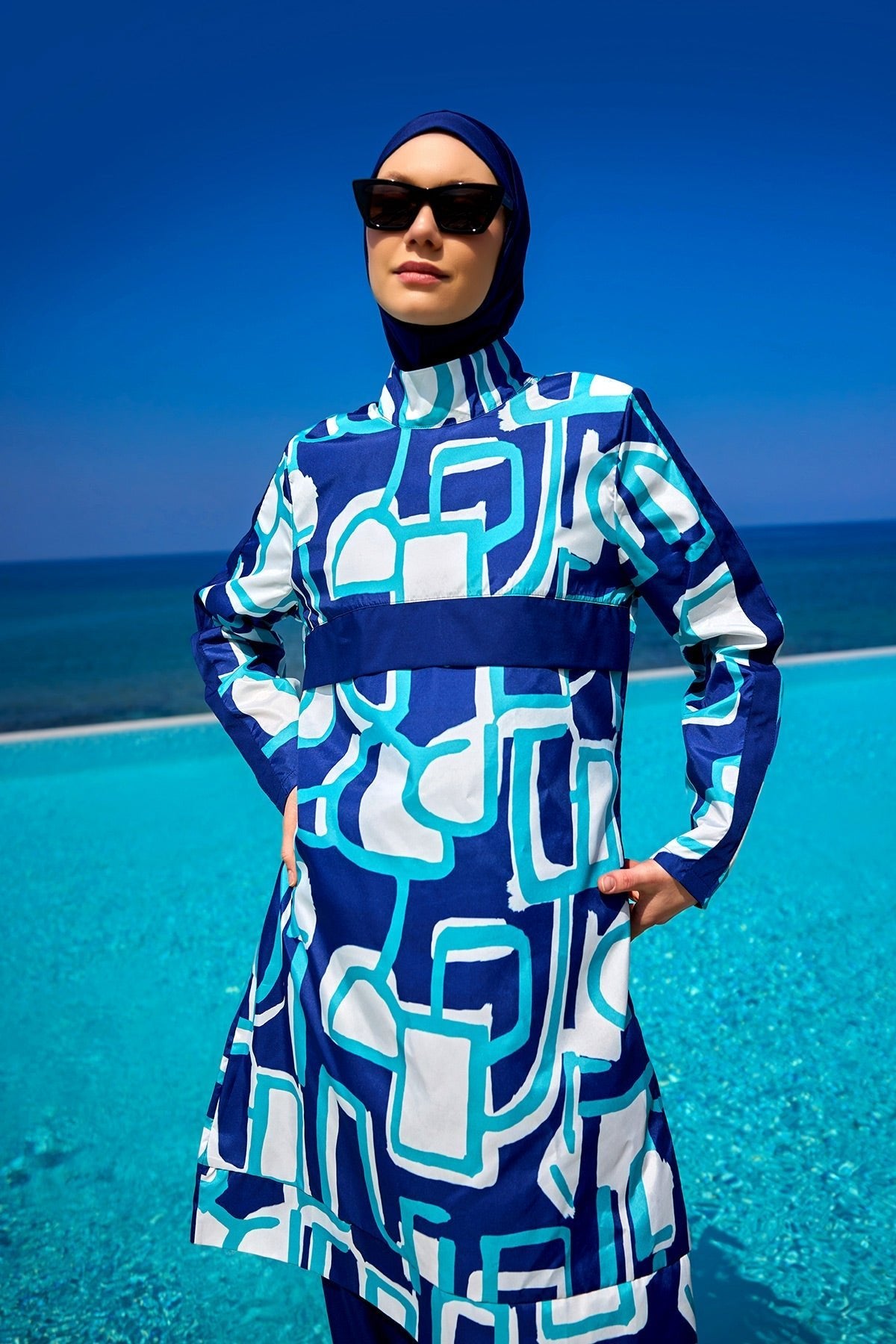 Navy Blue Full Coverage Modest Swimwear Set for Women R2513 Covered Burkini Swimwear La Vie Bien Navy Blue Full Coverage Modest Swimwear Set for Women R2513