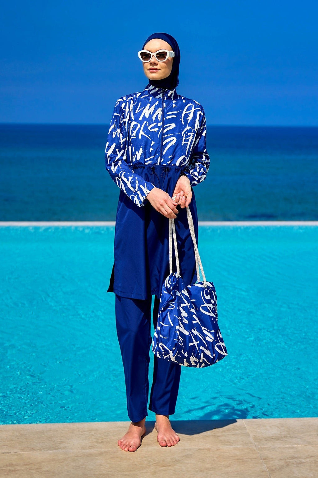 Navy Blue Full Coverage Modest Swimwear Set R2502 Covered Burkini Swimwear La Vie Bien Navy Blue Full Coverage Modest Swimwear Set R2502