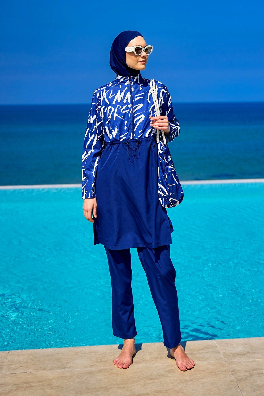 Navy Blue Full Coverage Modest Swimwear Set R2502 Covered Burkini Swimwear La Vie Bien Navy Blue Full Coverage Modest Swimwear Set R2502