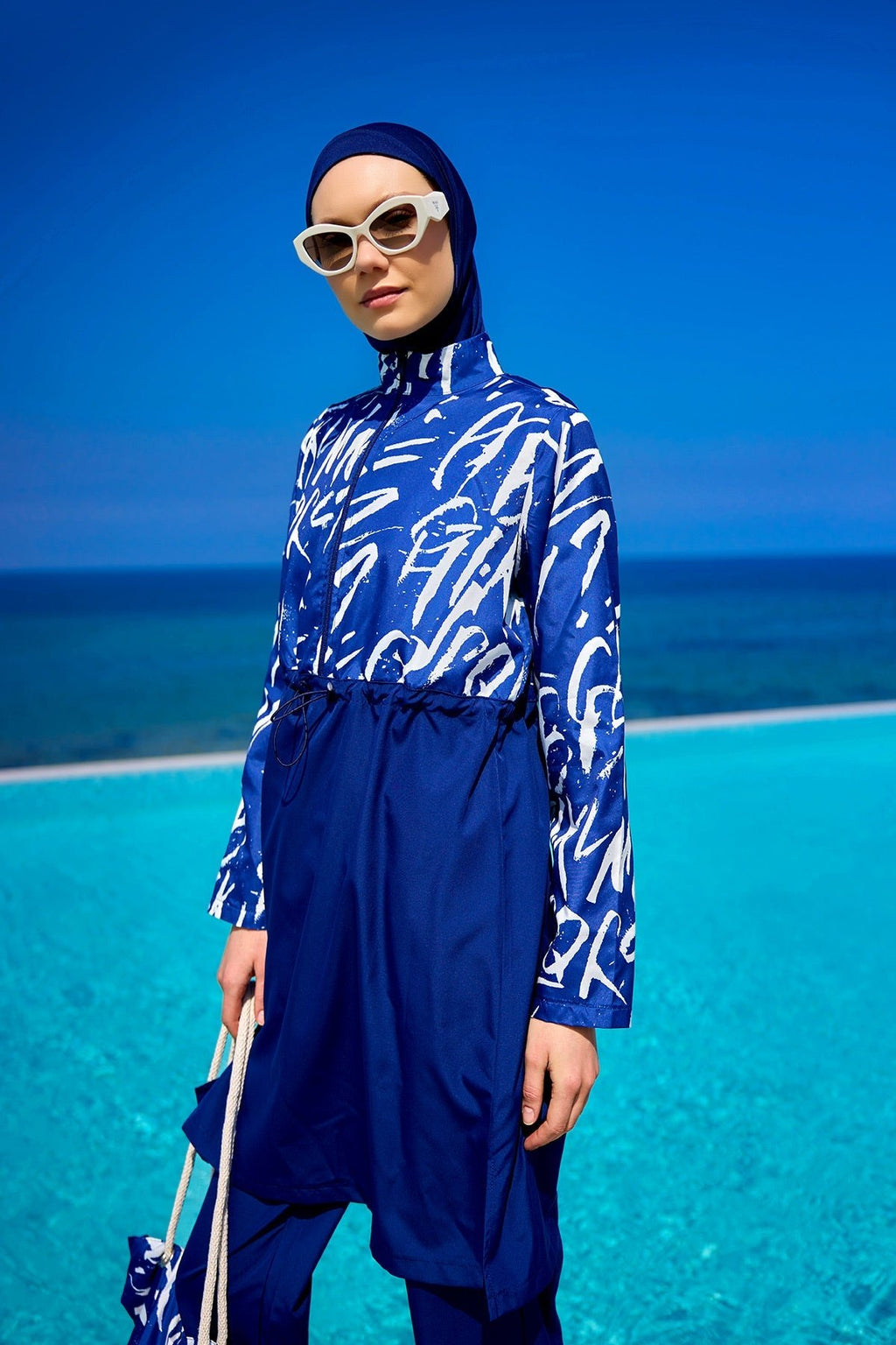 Navy Blue Full Coverage Modest Swimwear Set R2502 Covered Burkini Swimwear La Vie Bien Navy Blue Full Coverage Modest Swimwear Set R2502