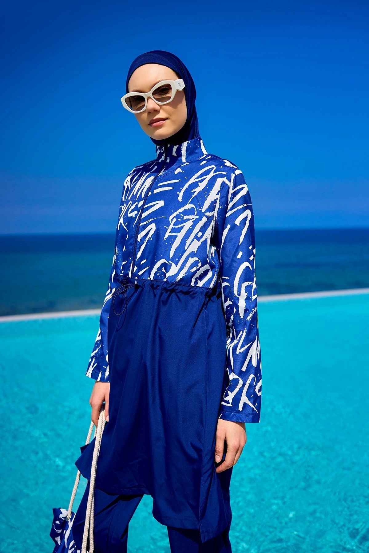 Navy Blue Full Coverage Modest Swimwear Set R2502 Covered Burkini Swimwear La Vie Bien Navy Blue Full Coverage Modest Swimwear Set R2502
