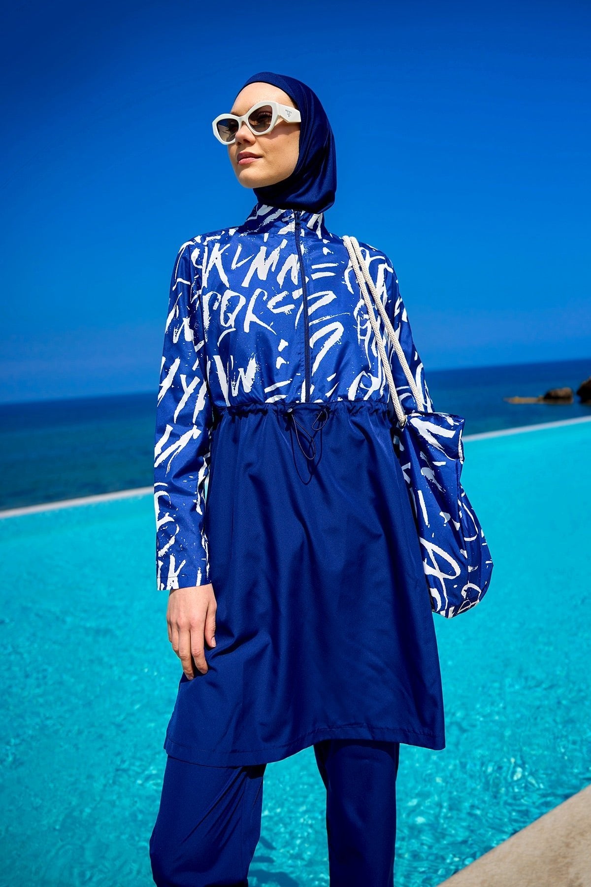 Navy Blue Full Coverage Modest Swimwear Set R2502 Covered Burkini Swimwear La Vie Bien Navy Blue Full Coverage Modest Swimwear Set R2502