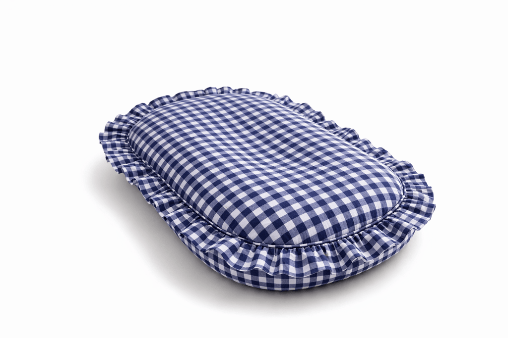 Navy Blue Gingham Ruffle Baby Lounger Cover La Vie Bien Navy Blue Gingham Ruffle Baby Lounger Cover