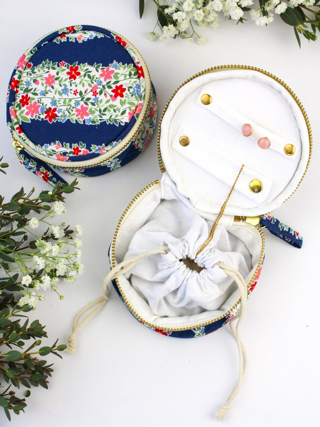 Navy Floral Stripe Jewelry Pouch