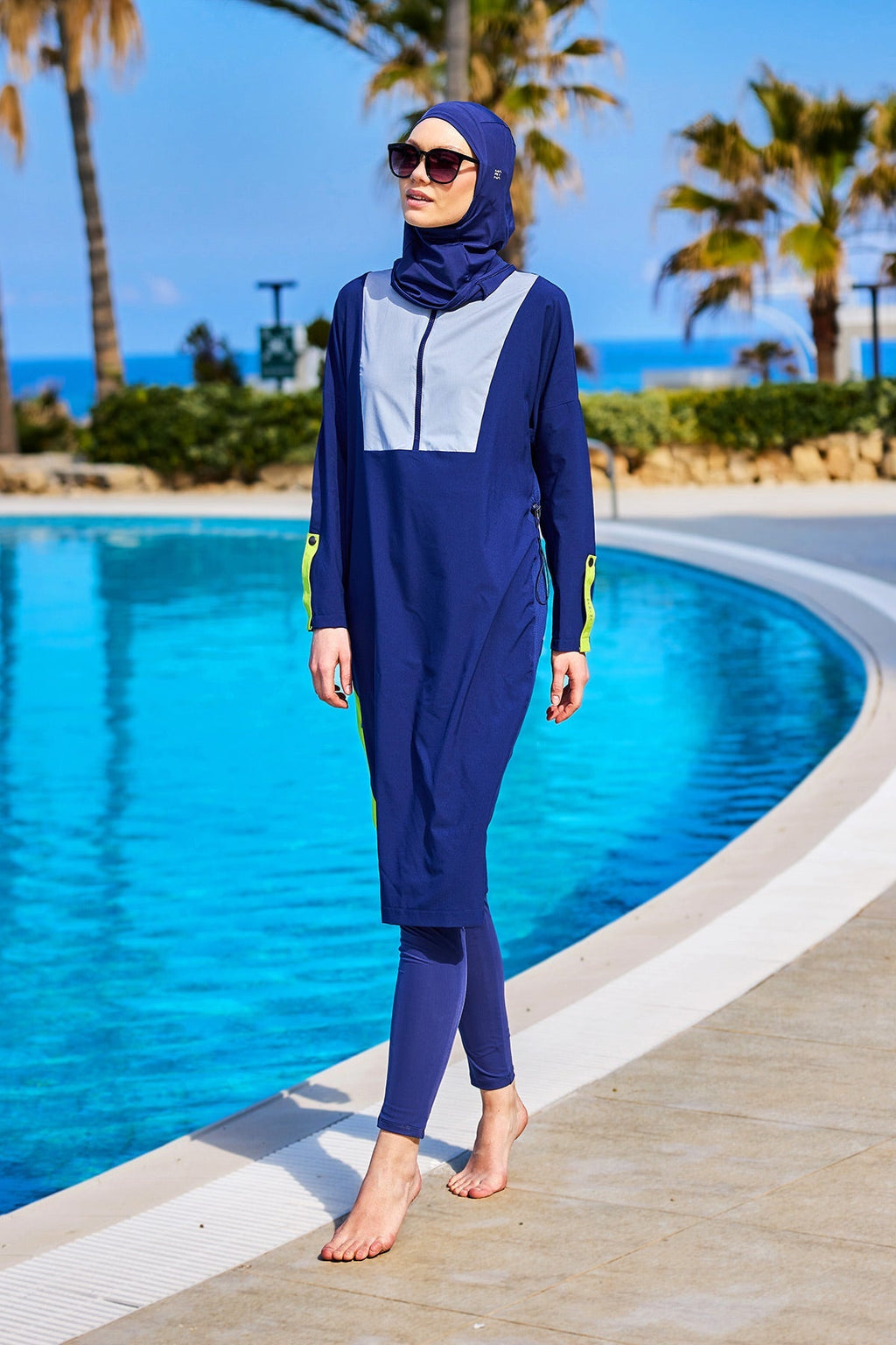 Navy Full Coverage Modest Swimsuit – Burkini with Adjustable Fit M2527-3 Covered Burkini Swimwear La Vie Bien Navy Full Coverage Modest Swimsuit – Burkini with Adjustable Fit M2527-3
