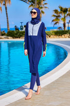 Navy Full Coverage Modest Swimsuit – Burkini with Adjustable Fit M2527-3 Covered Burkini Swimwear La Vie Bien Navy Full Coverage Modest Swimsuit – Burkini with Adjustable Fit M2527-3