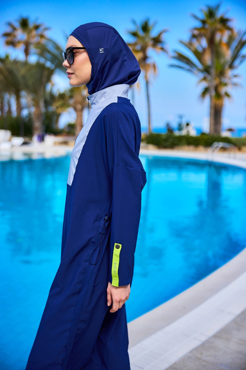 Navy Full Coverage Modest Swimsuit – Burkini with Adjustable Fit M2527-3 Covered Burkini Swimwear La Vie Bien Navy Full Coverage Modest Swimsuit – Burkini with Adjustable Fit M2527-3