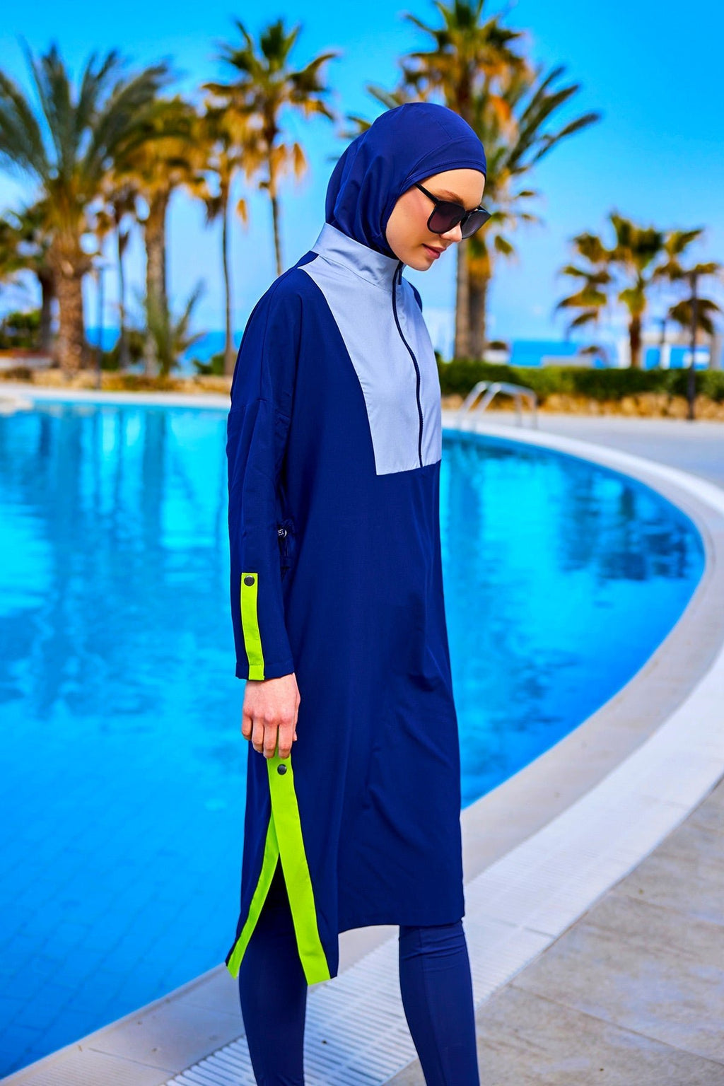 Navy Full Coverage Modest Swimsuit – Burkini with Adjustable Fit M2527-3 Covered Burkini Swimwear La Vie Bien Navy Full Coverage Modest Swimsuit – Burkini with Adjustable Fit M2527-3