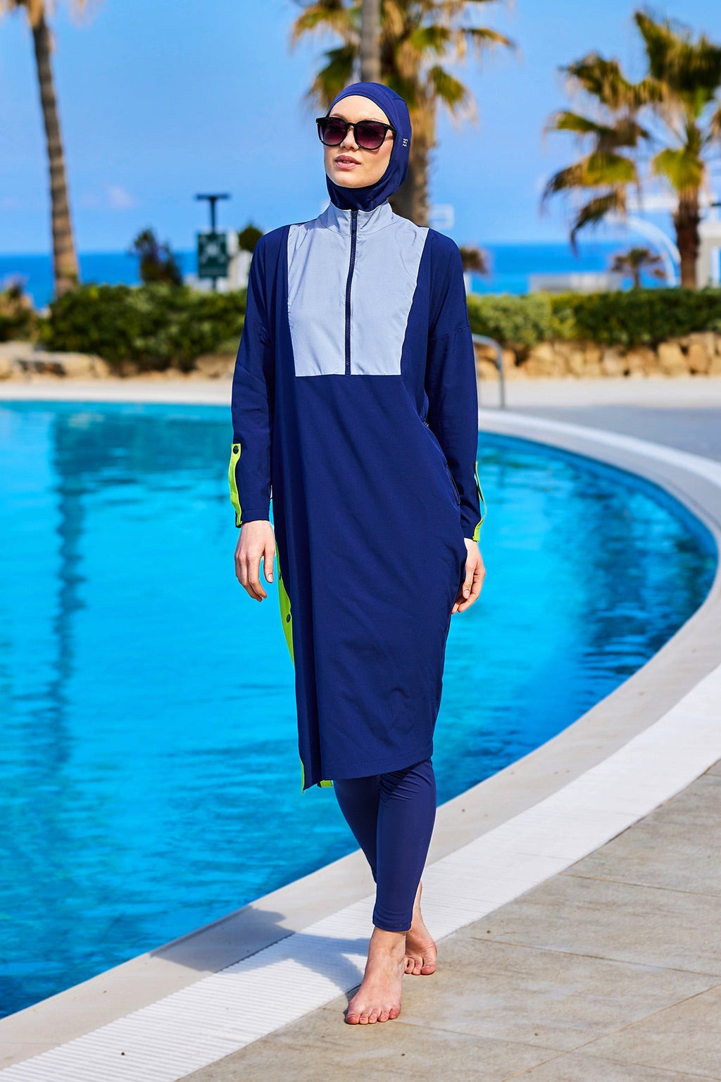 Navy Full Coverage Modest Swimsuit – Burkini with Adjustable Fit M2527-3 Covered Burkini Swimwear La Vie Bien Navy Full Coverage Modest Swimsuit – Burkini with Adjustable Fit M2527-3