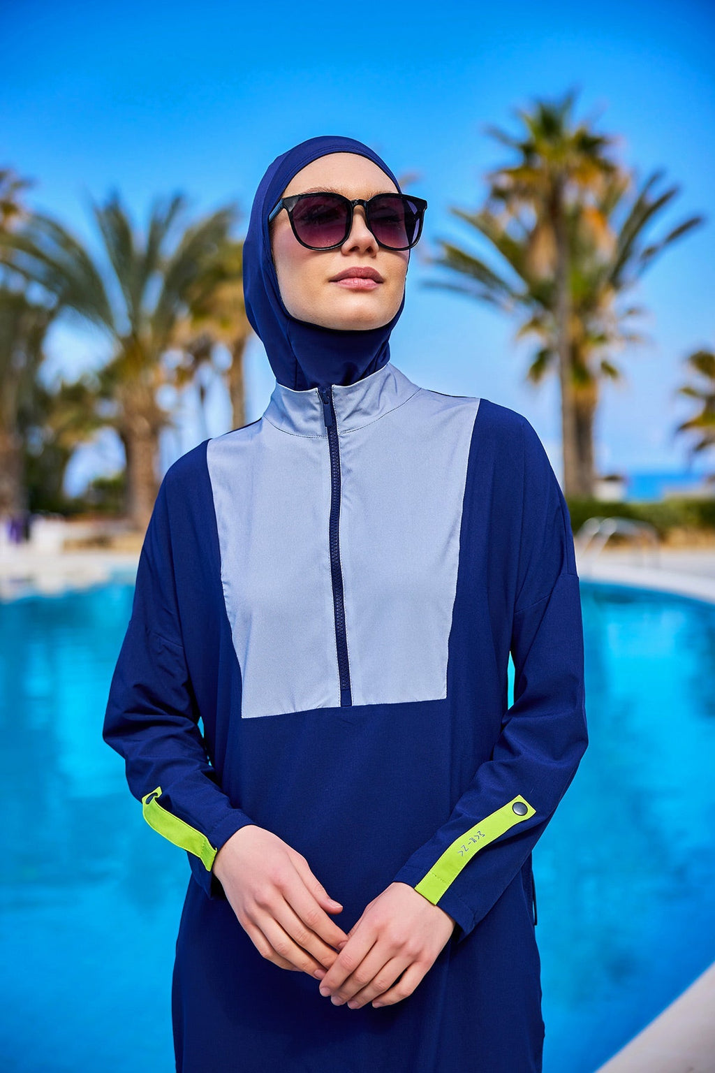 Navy Full Coverage Modest Swimsuit – Burkini with Adjustable Fit M2527-3 Covered Burkini Swimwear La Vie Bien Navy Full Coverage Modest Swimsuit – Burkini with Adjustable Fit M2527-3