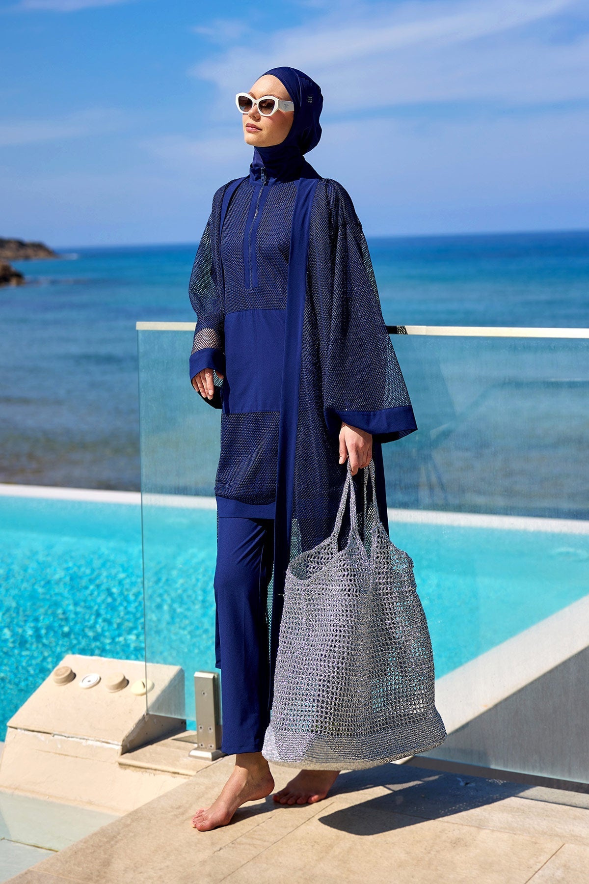 Navy Full Length Modest Mesh Kimono – Lightweight Islamic Swim Cover P2501-2 Pareo La Vie Bien Navy Full Length Modest Mesh Kimono – Lightweight Islamic Swim Cover P2501-2