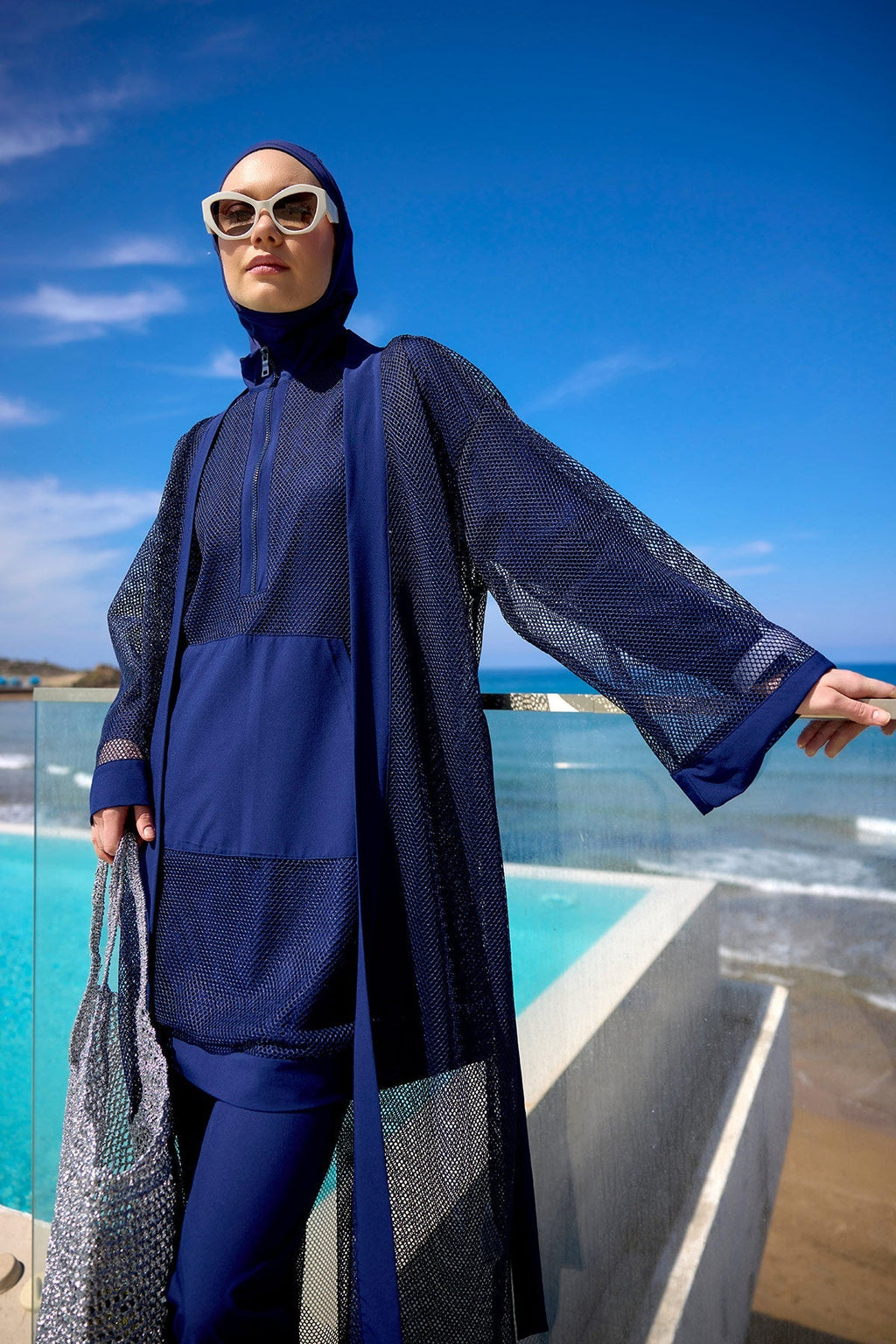 Navy Full Length Modest Mesh Kimono – Lightweight Islamic Swim Cover P2501-2 Pareo La Vie Bien Navy Full Length Modest Mesh Kimono – Lightweight Islamic Swim Cover P2501-2