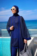 Navy Full Length Modest Mesh Kimono – Lightweight Islamic Swim Cover P2501-2 Pareo La Vie Bien Navy Full Length Modest Mesh Kimono – Lightweight Islamic Swim Cover P2501-2