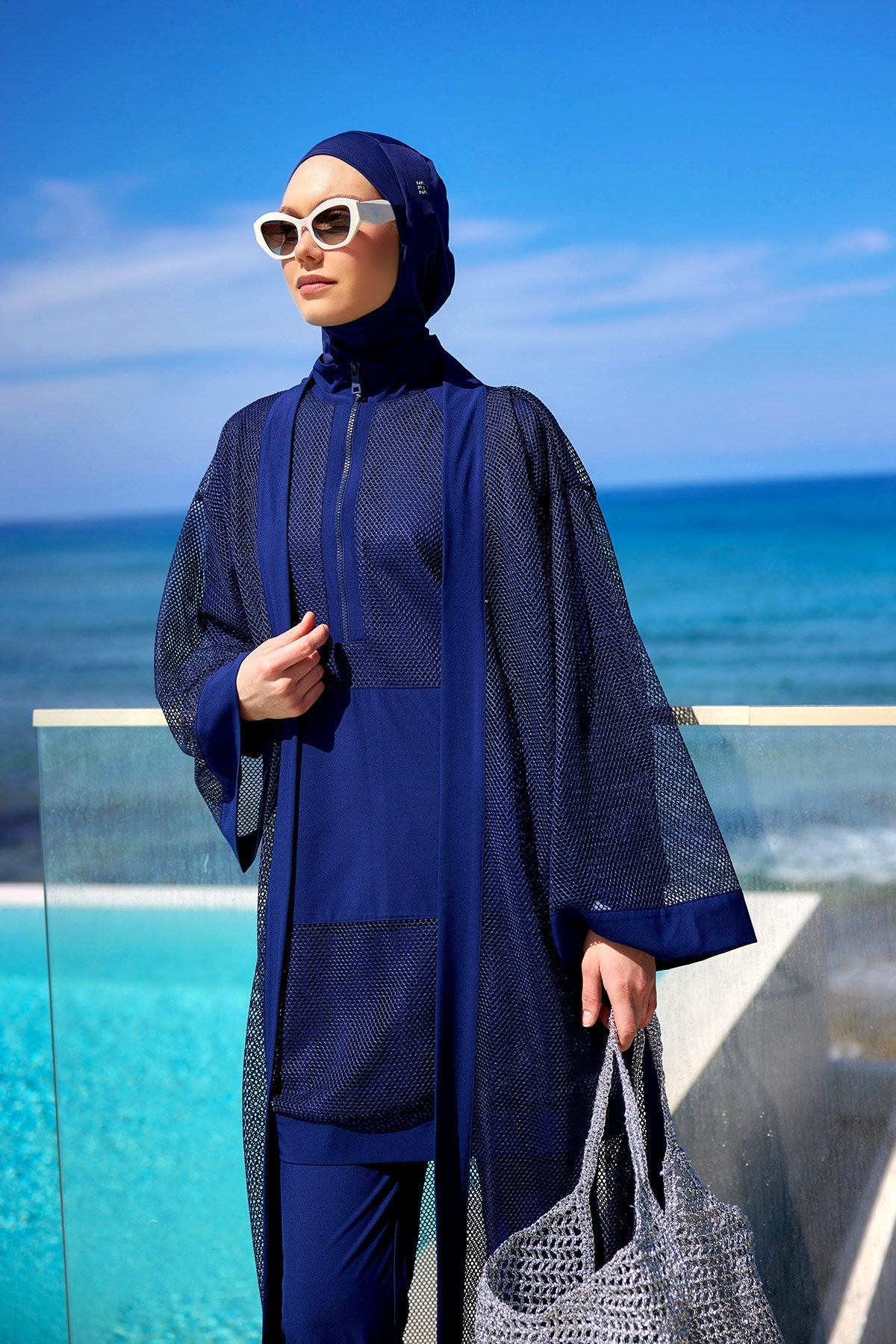 Navy Full Length Modest Mesh Kimono – Lightweight Islamic Swim Cover P2501-2 Pareo La Vie Bien Navy Full Length Modest Mesh Kimono – Lightweight Islamic Swim Cover P2501-2