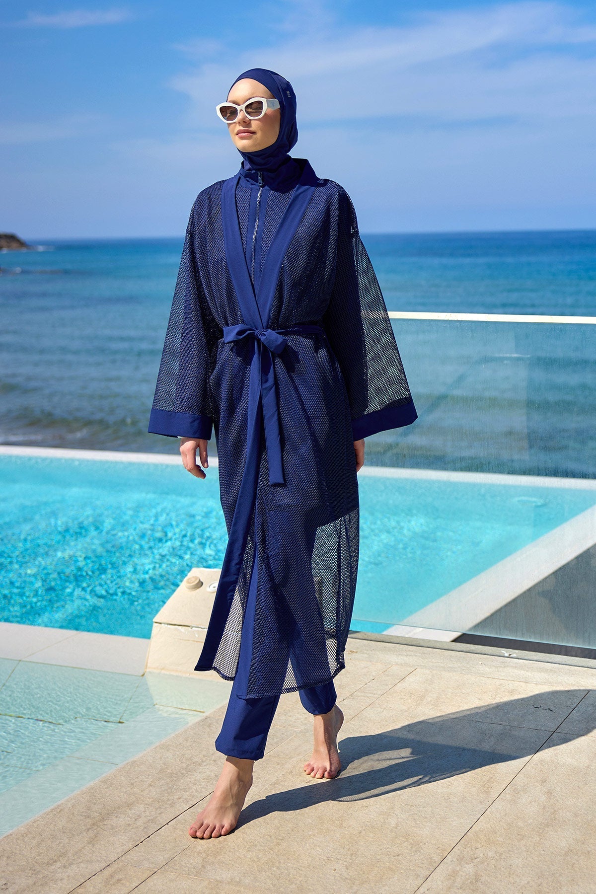 Navy Full Length Modest Mesh Kimono – Lightweight Islamic Swim Cover P2501-2 Pareo La Vie Bien Navy Full Length Modest Mesh Kimono – Lightweight Islamic Swim Cover P2501-2