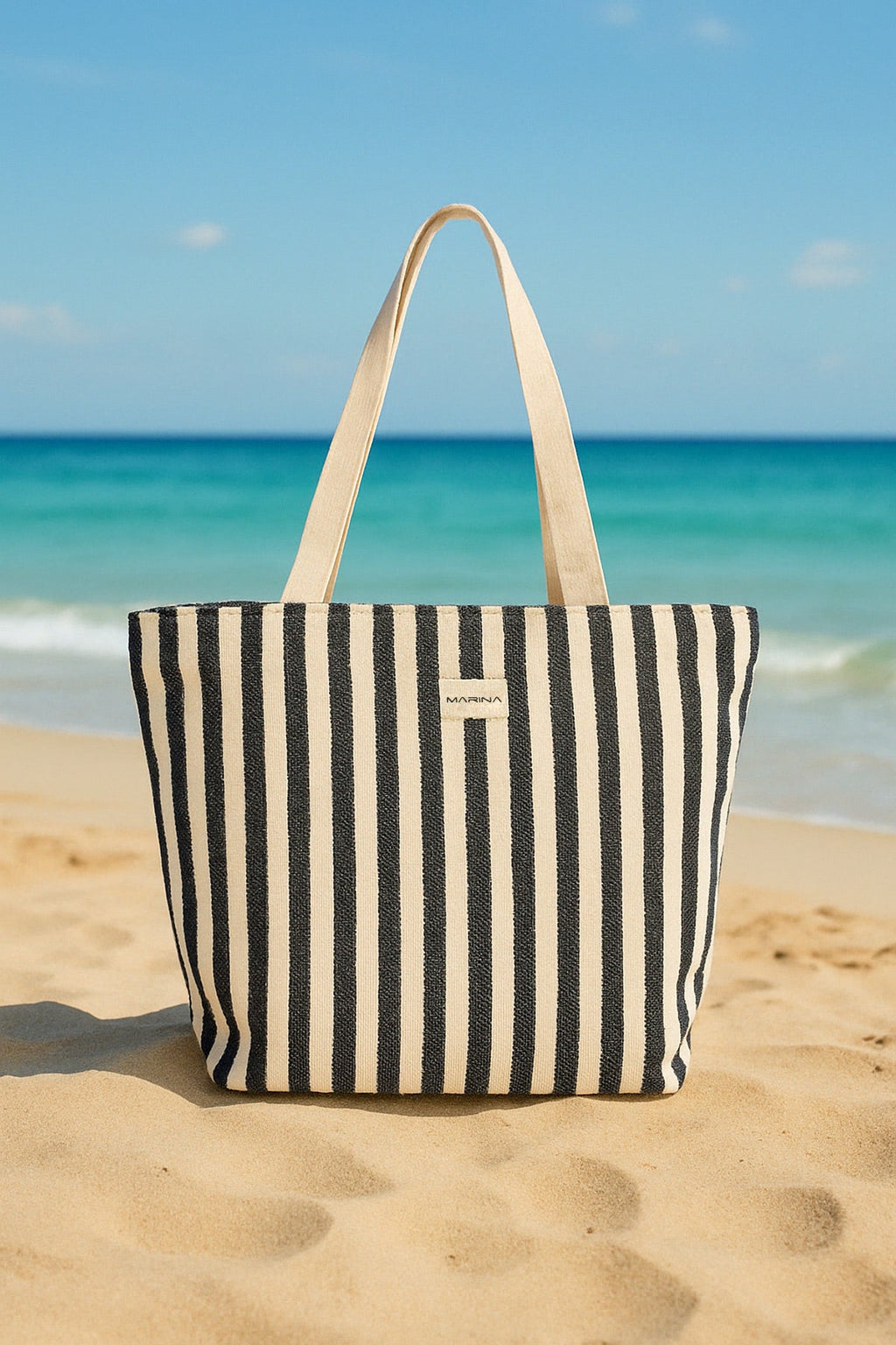 Navy Striped Cotton Beach Bag with Zipper CA2503-2 Plaj Çanta La Vie Bien Navy Striped Cotton Beach Bag with Zipper CA2503-2