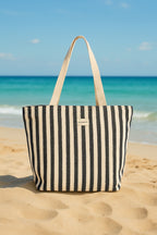 Navy Striped Cotton Beach Bag with Zipper CA2503-2 Plaj Çanta La Vie Bien Navy Striped Cotton Beach Bag with Zipper CA2503-2