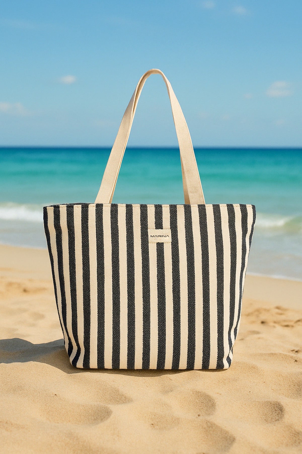 Navy Striped Cotton Beach Bag with Zipper CA2503-2 Plaj Çanta La Vie Bien Navy Striped Cotton Beach Bag with Zipper CA2503-2