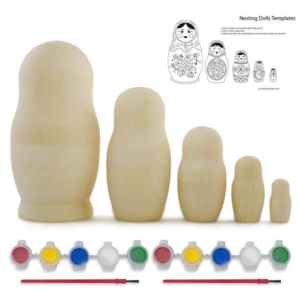Set of 5 Unfinished Wooden Nesting Dolls with Paints DIY Craft Blanks for Painting 5.75 Inches by BestPysanky