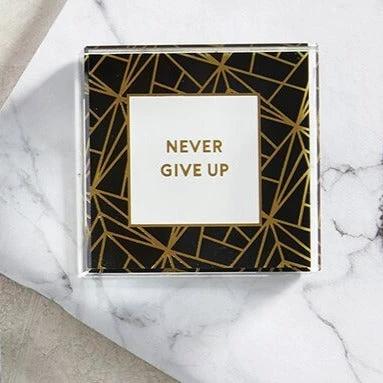 Never Give Up 3"x3" Paperweight | Black Geometric Pattern by The Bullish Store