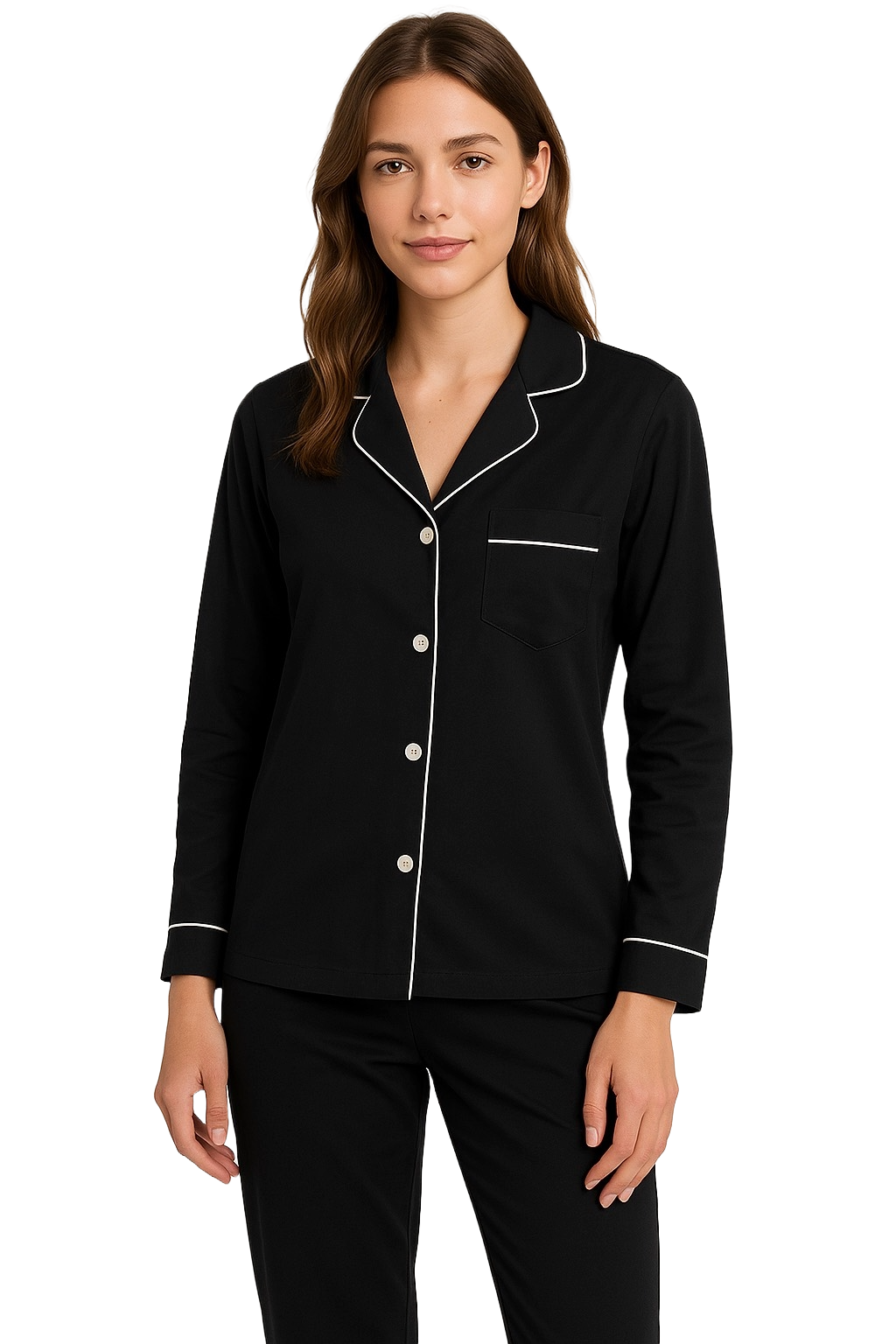 Soft Knit Cotton Womens Pajama Set with Long Sleeve Button Down PJ Shirt and Full Length Pajama Pants with Pockets