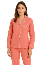 Soft Knit Cotton Womens Pajama Set with Long Sleeve Button Down PJ Shirt and Full Length Pajama Pants with Pockets