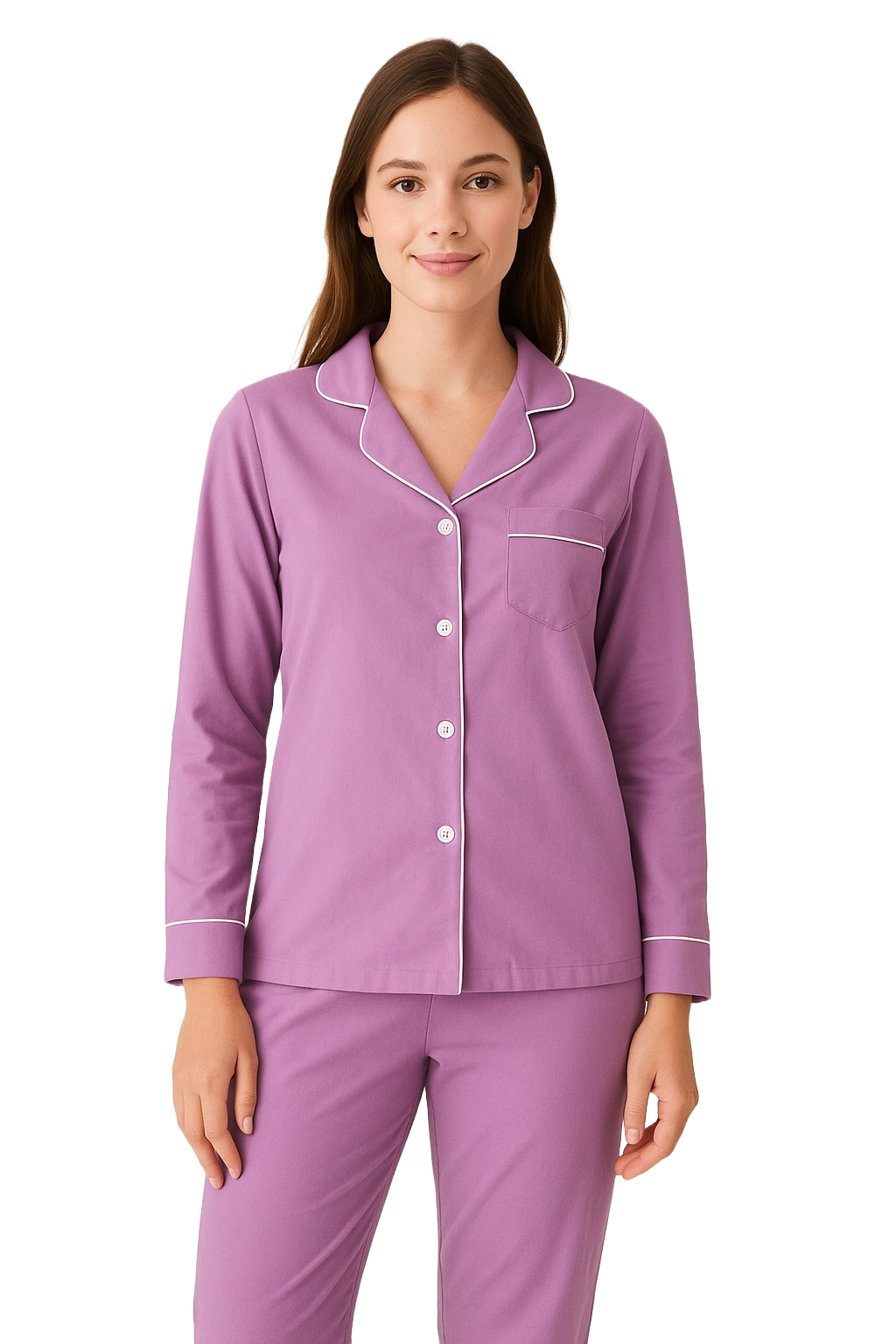 Soft Knit Cotton Womens Pajama Set with Long Sleeve Button Down PJ Shirt and Full Length Pajama Pants with Pockets
