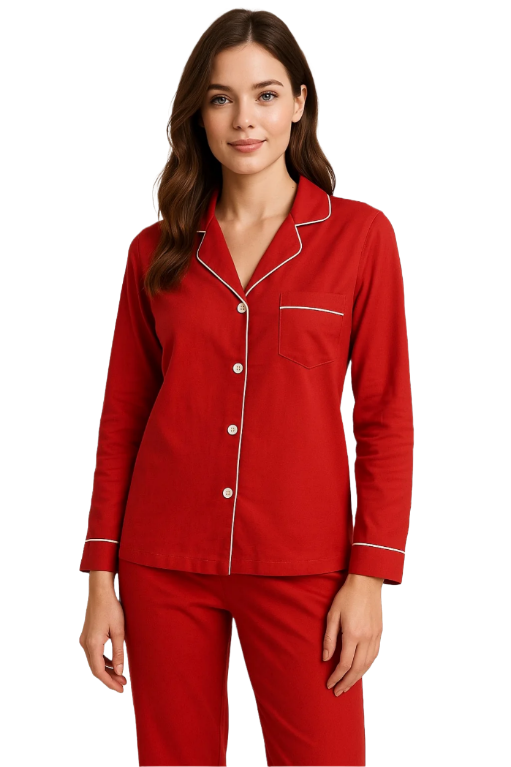 Soft Knit Cotton Womens Pajama Set with Long Sleeve Button Down PJ Shirt and Full Length Pajama Pants with Pockets