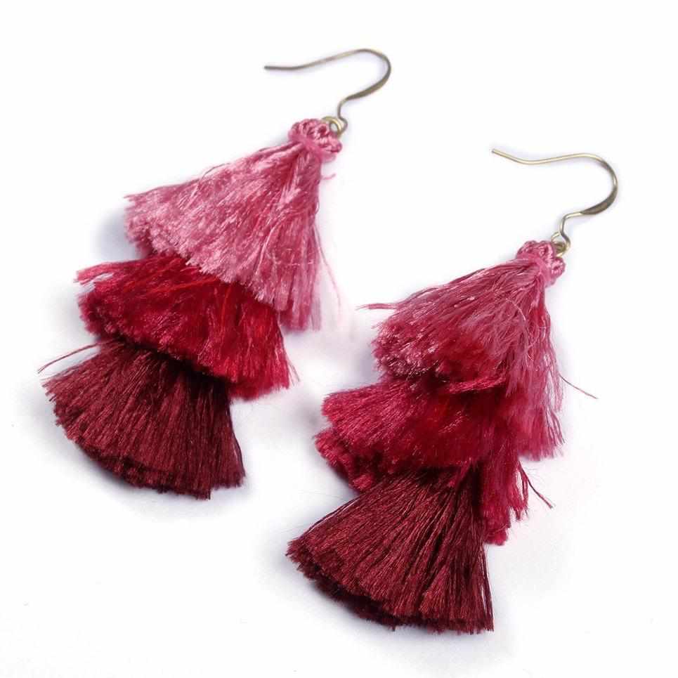 Nora Triple Tassel Silk Boho Lightweight Earrings - Thailand Jewelry La Vie Bien Nora Triple Tassel Silk Boho Lightweight Earrings - Thailand